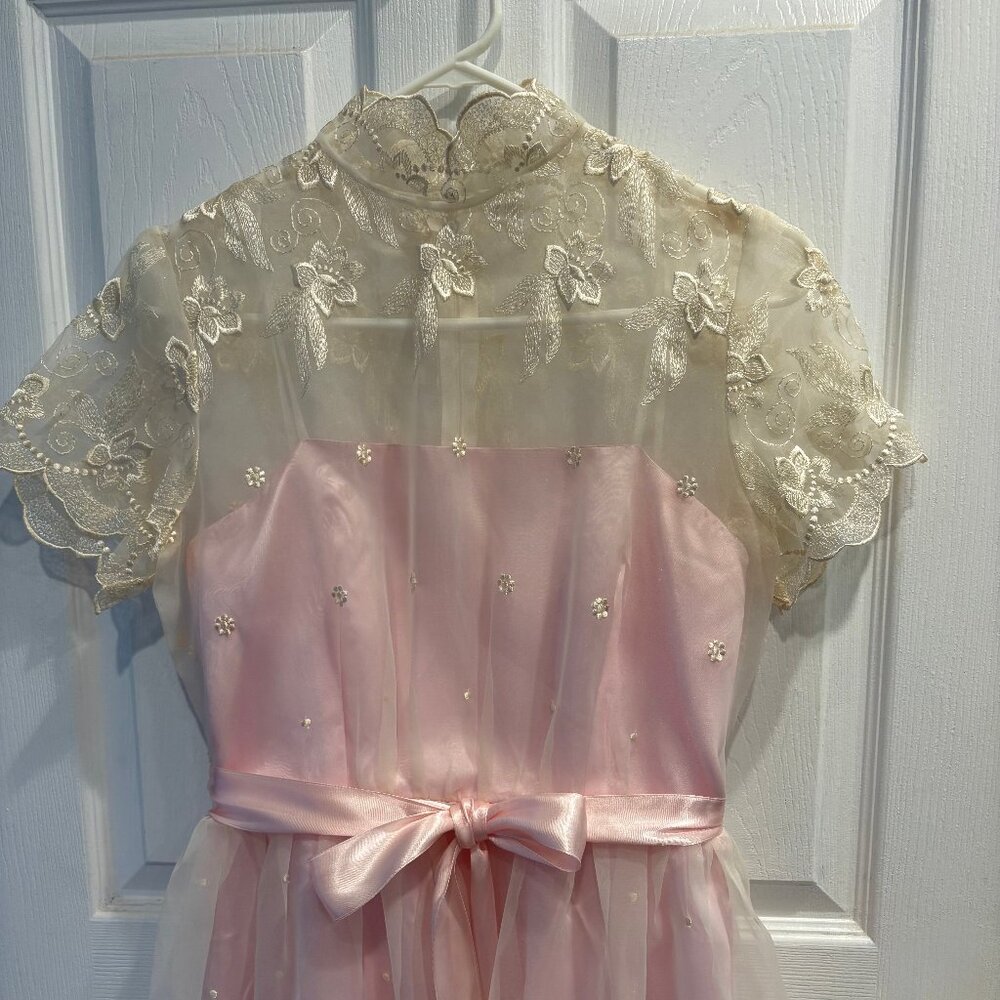 VTG 80s Party Tea Dress Women 5/6 Bridesmaid Chiffon Pink Cream Easter Prom - Picture 6 of 11